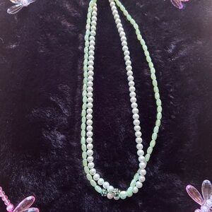 Green Faux Jade and Faux Pearl Bead Double Strand Necklace - Handmade by Evelyn